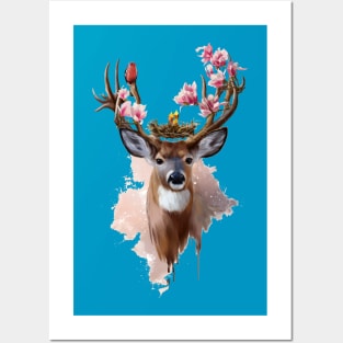 Deer with bird and flowers Posters and Art